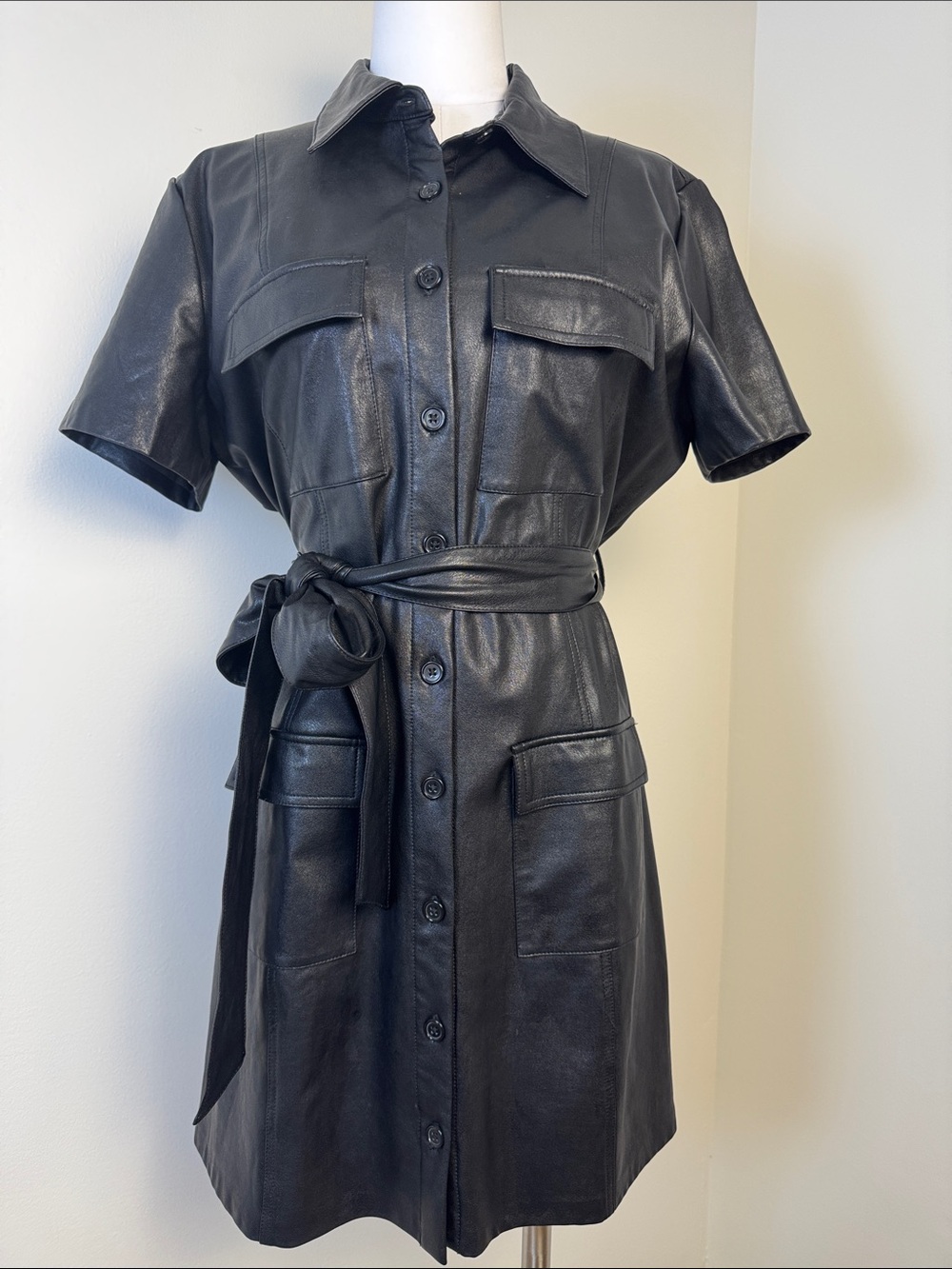 Amanda Uprichard Greyson Black Faux Leather Belted Short Sleeve Shirt Dress L